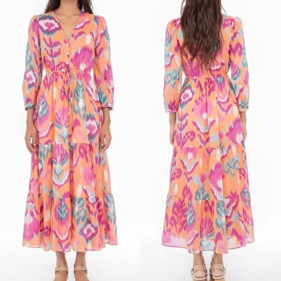 Banjanan Castor Dress Ikat Floral Spice Orange Pink Size Small